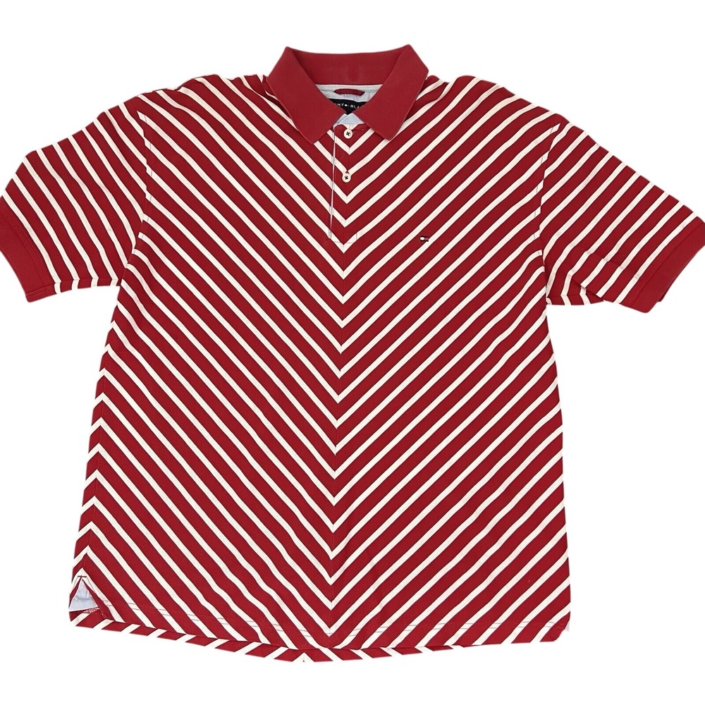 Tommy Hilfiger Shirt XL Mens Vintage Y2K Ivory Red Striped S/S Hip Hop Polo